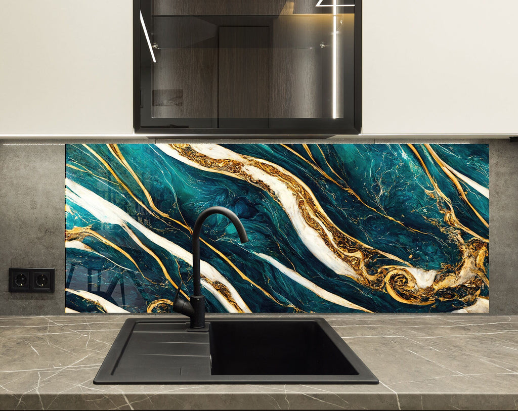 Teal & Gold Marble Waves - Glass Kitchen Backsplash-BacksplashArtworks