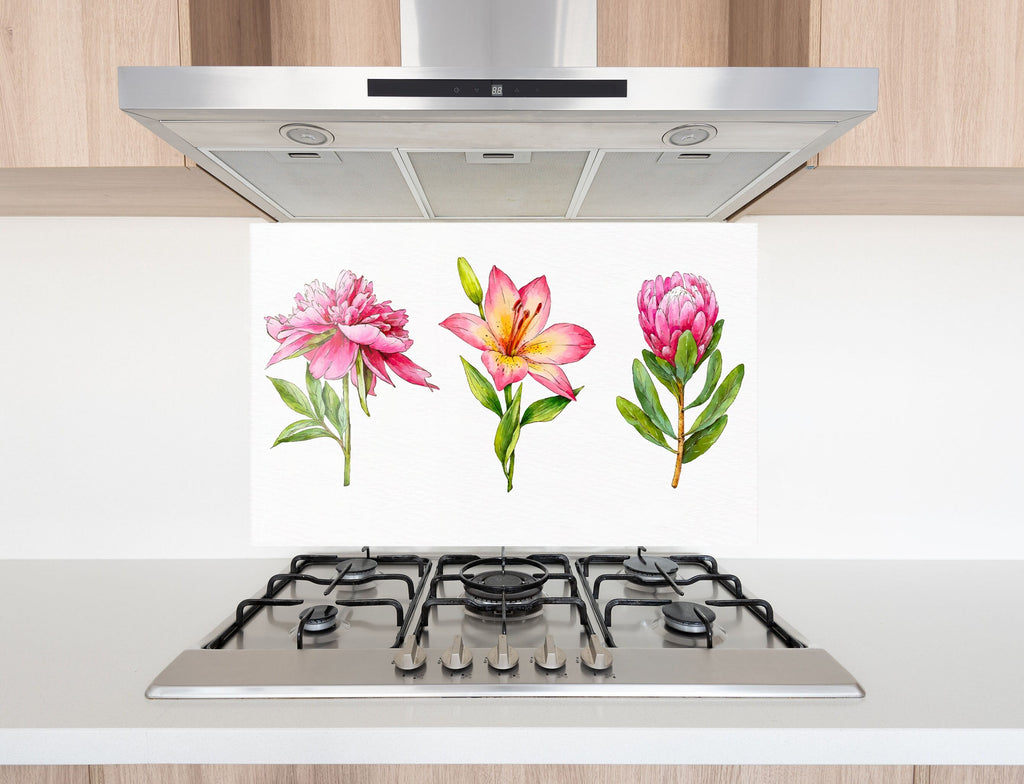 Blooming Pink Trio - Glass Kitchen Backsplash-BacksplashArtworks
