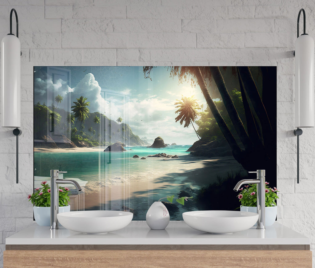 Tropical Paradise Beach - Tempered Glass Kitchen Backsplash-BacksplashArtworks