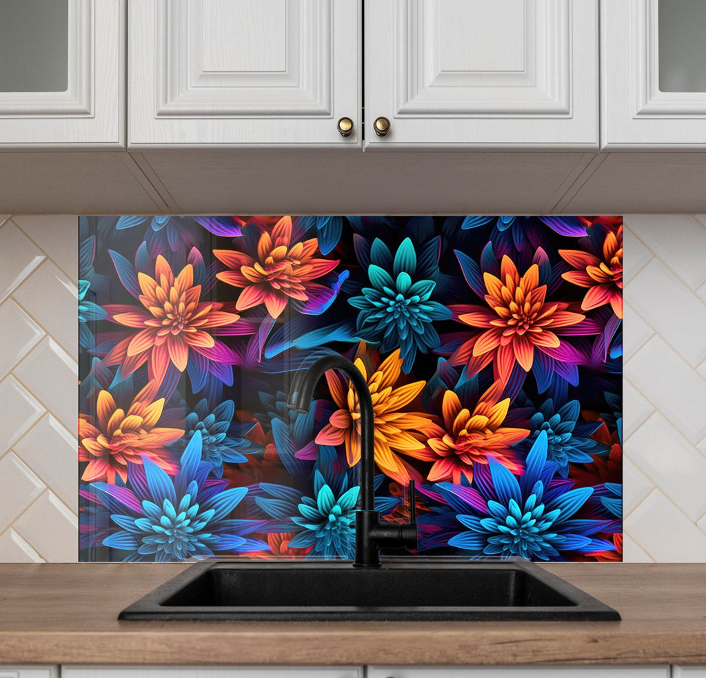 Neon Dahlia Delight - Glass Kitchen Backsplash-BacksplashArtworks