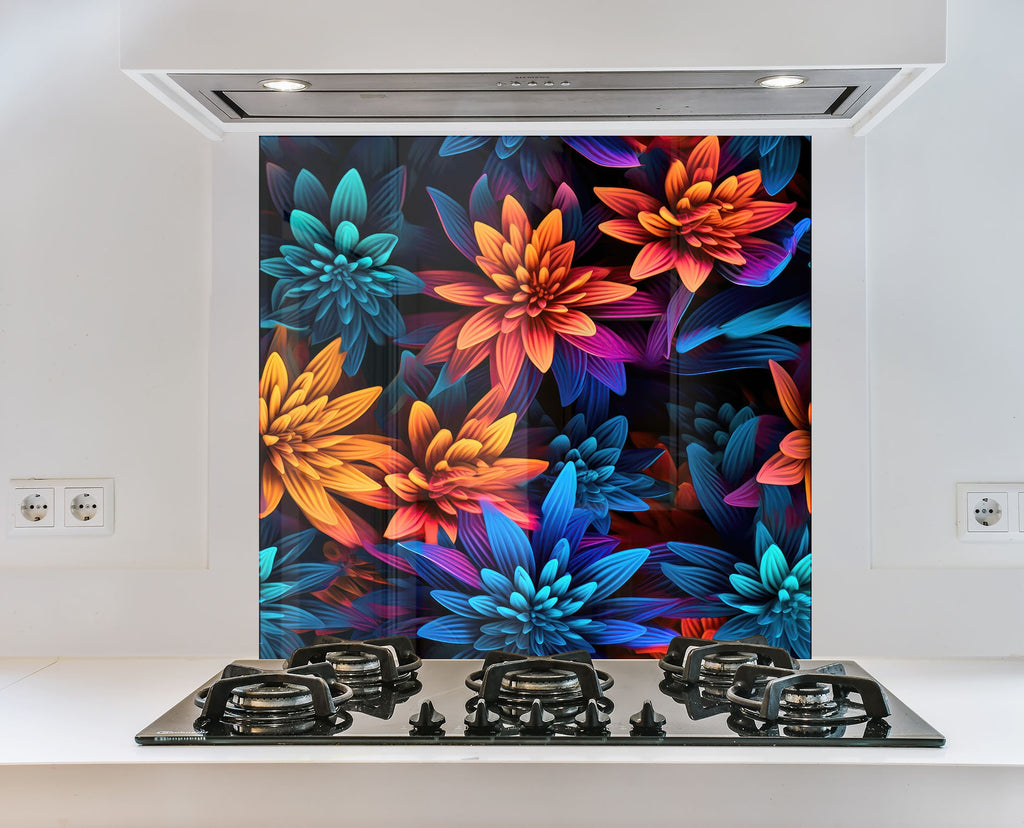 Neon Dahlia Delight - Glass Kitchen Backsplash-BacksplashArtworks
