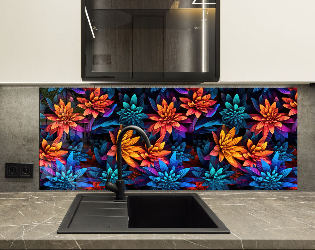 Neon Dahlia Delight - Glass Kitchen Backsplash-BacksplashArtworks
