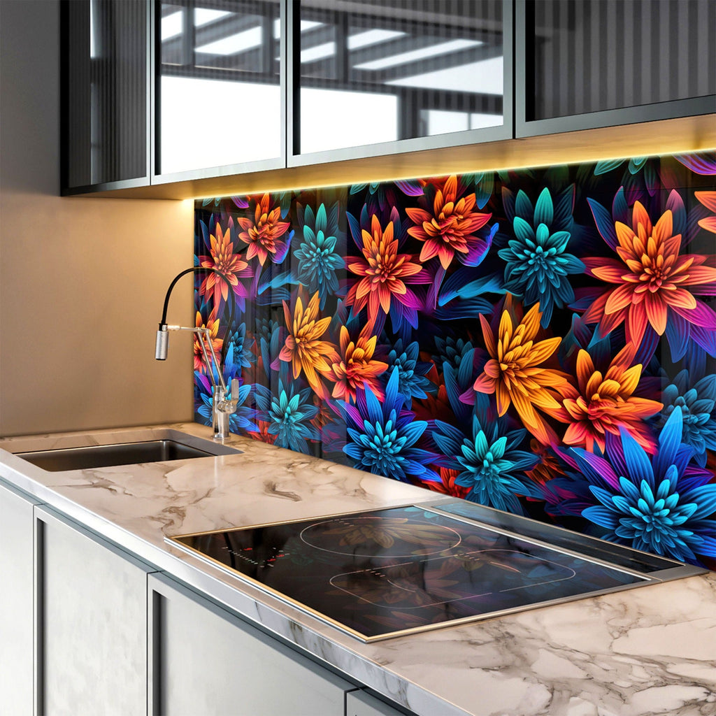 Neon Dahlia Delight - Glass Kitchen Backsplash-BacksplashArtworks