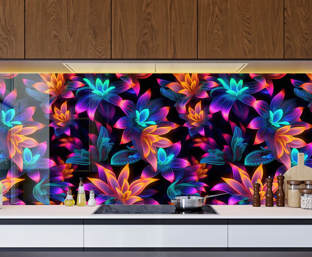Neon Bloom Illumination - Glass Kitchen Backsplash-BacksplashArtworks