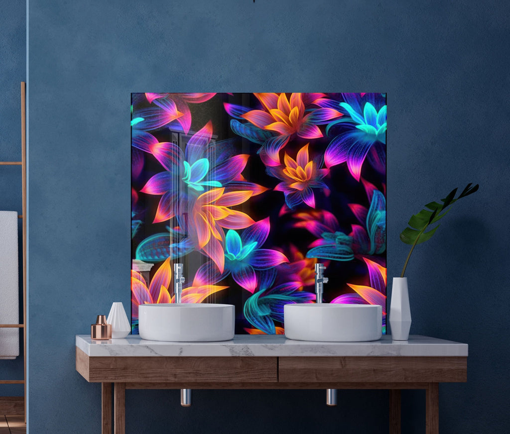 Neon Bloom Illumination - Glass Kitchen Backsplash-BacksplashArtworks