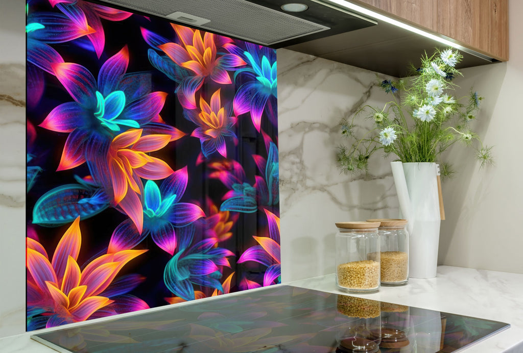 Neon Bloom Illumination - Glass Kitchen Backsplash-BacksplashArtworks
