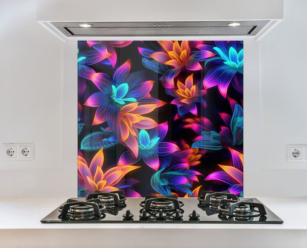 Neon Bloom Illumination - Glass Kitchen Backsplash-BacksplashArtworks