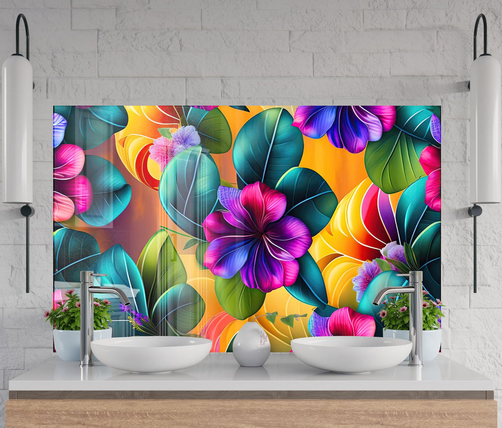 Tropical Bloom Fiesta - Glass Kitchen Backsplash-BacksplashArtworks