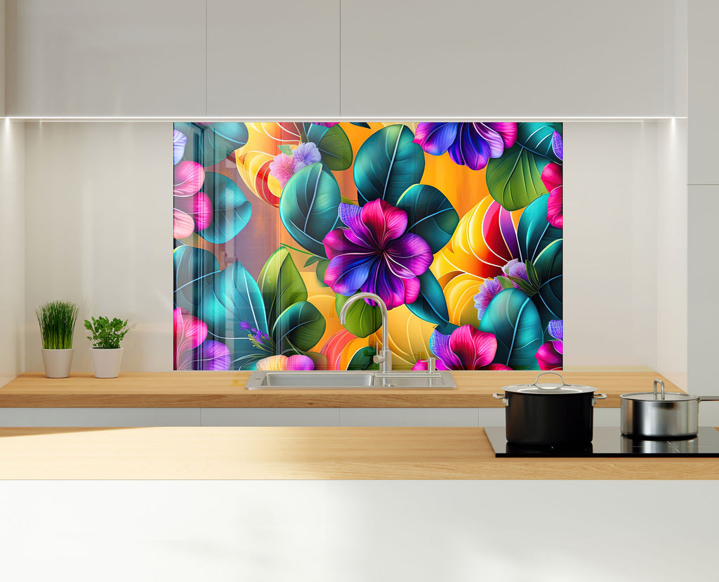 Tropical Bloom Fiesta - Glass Kitchen Backsplash-BacksplashArtworks