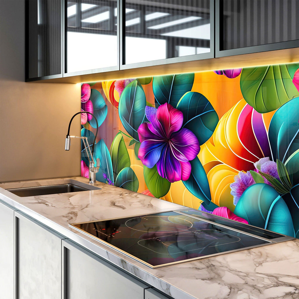 Tropical Bloom Fiesta - Glass Kitchen Backsplash-BacksplashArtworks