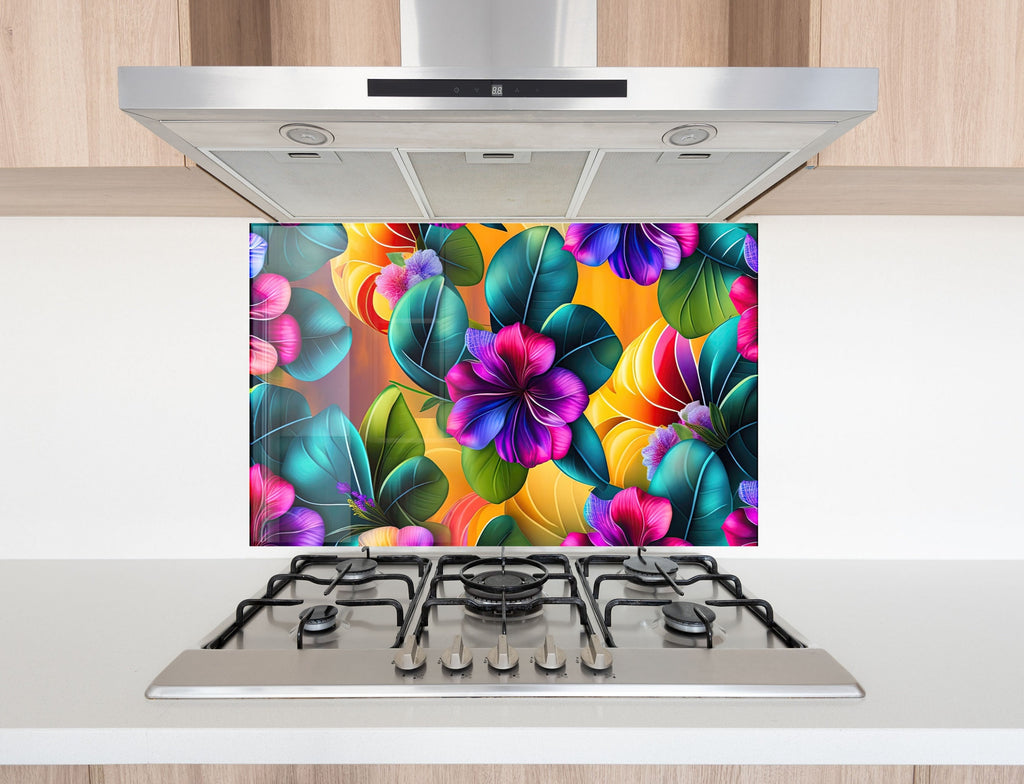 Tropical Bloom Fiesta - Glass Kitchen Backsplash-BacksplashArtworks
