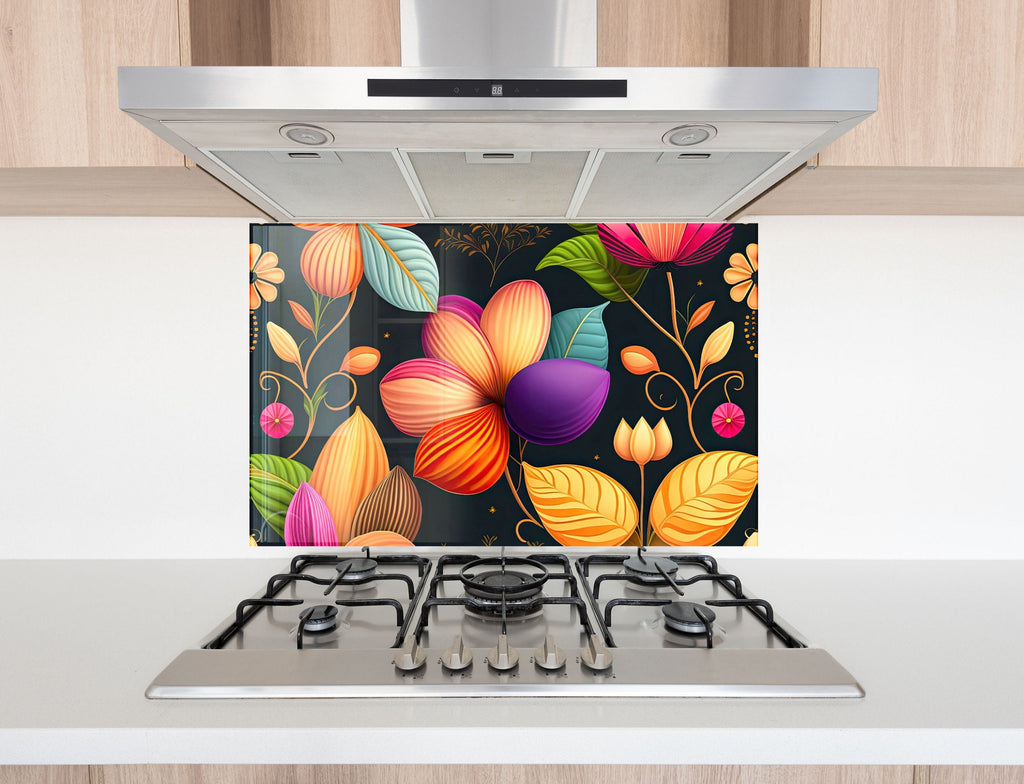 Vibrant Botanical Fiesta - Glass Kitchen Backsplash-BacksplashArtworks
