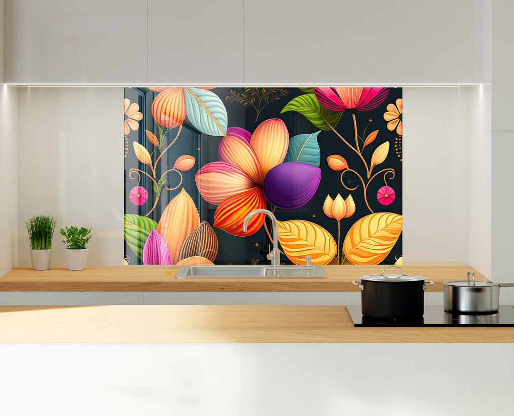 Vibrant Botanical Fiesta - Glass Kitchen Backsplash-BacksplashArtworks