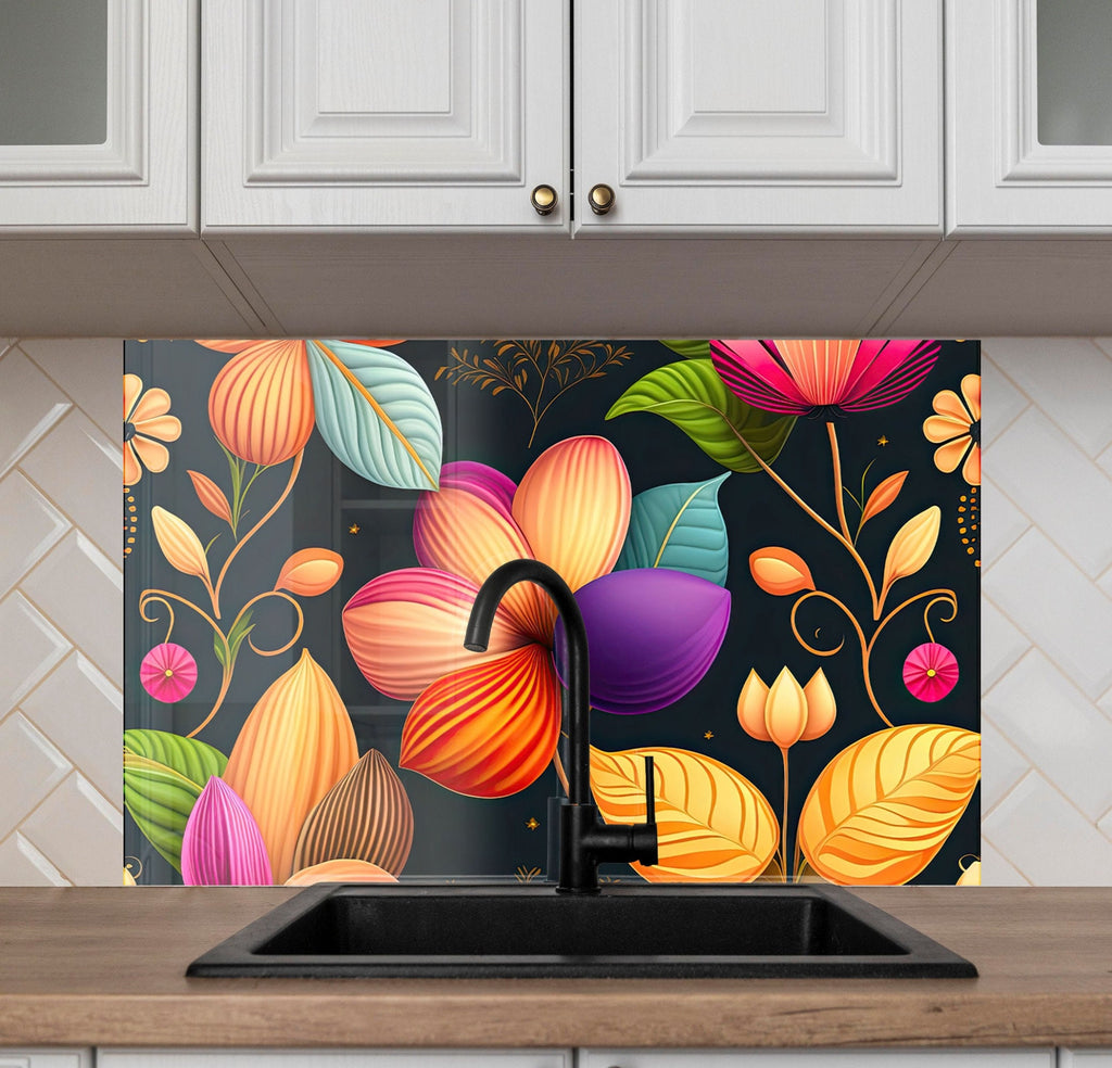 Vibrant Botanical Fiesta - Glass Kitchen Backsplash-BacksplashArtworks