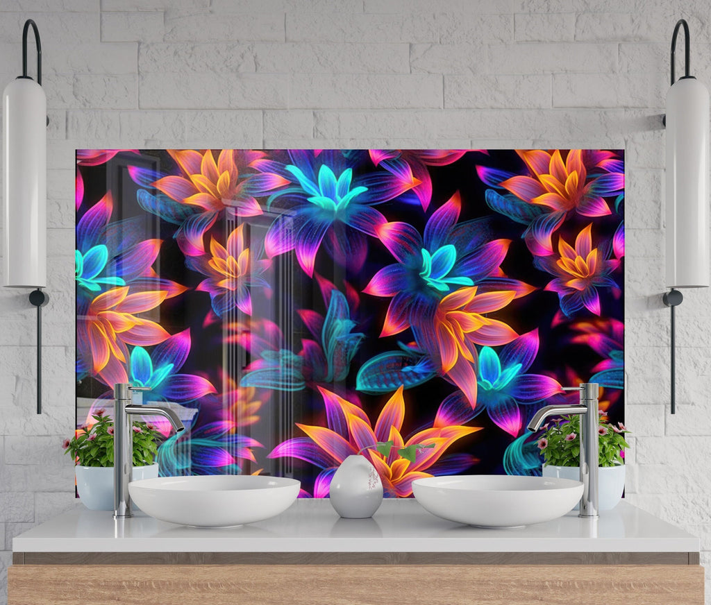 Neon Bloom Illumination - Glass Kitchen Backsplash-BacksplashArtworks