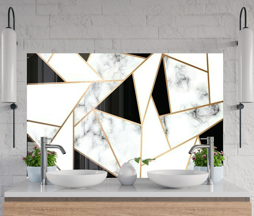 Geometric Marble & Gold - Glass Kitchen Backsplash-BacksplashArtworks