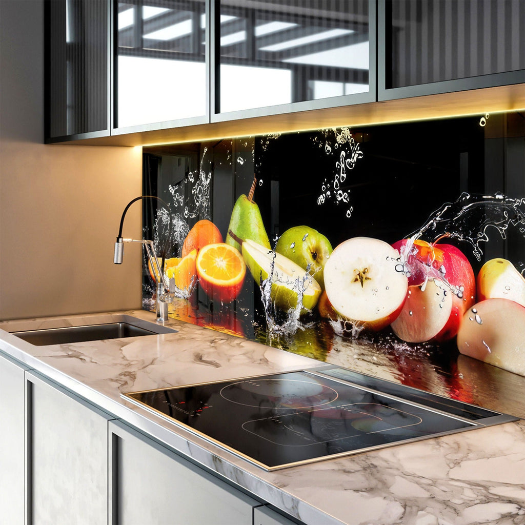 Fresh Fruit Splash Glass Kitchen Backsplash – Vibrant Citrus & Apple Design-BacksplashArtworks