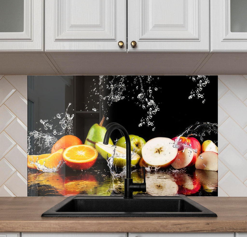 Fresh Fruit Splash Glass Kitchen Backsplash – Vibrant Citrus & Apple Design-BacksplashArtworks