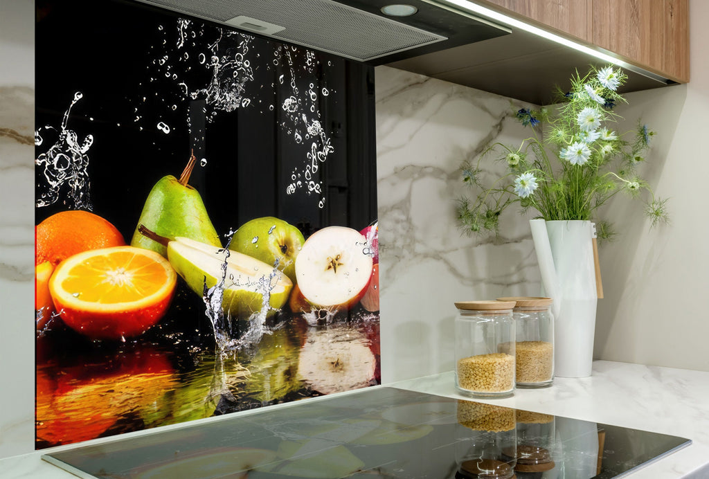Fresh Fruit Splash Glass Kitchen Backsplash – Vibrant Citrus & Apple Design-BacksplashArtworks