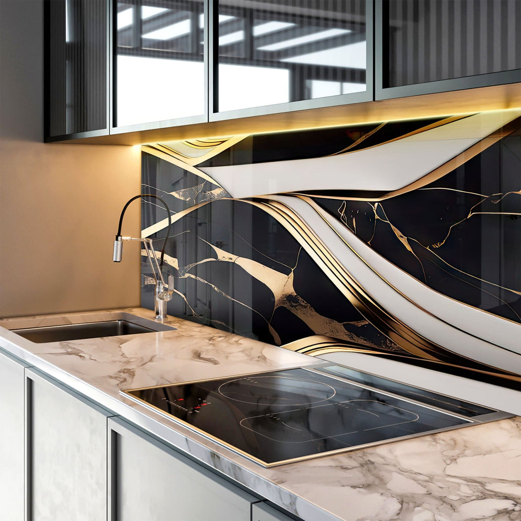 Black & Gold Marble Flow - Glass Kitchen Backsplash-BacksplashArtworks
