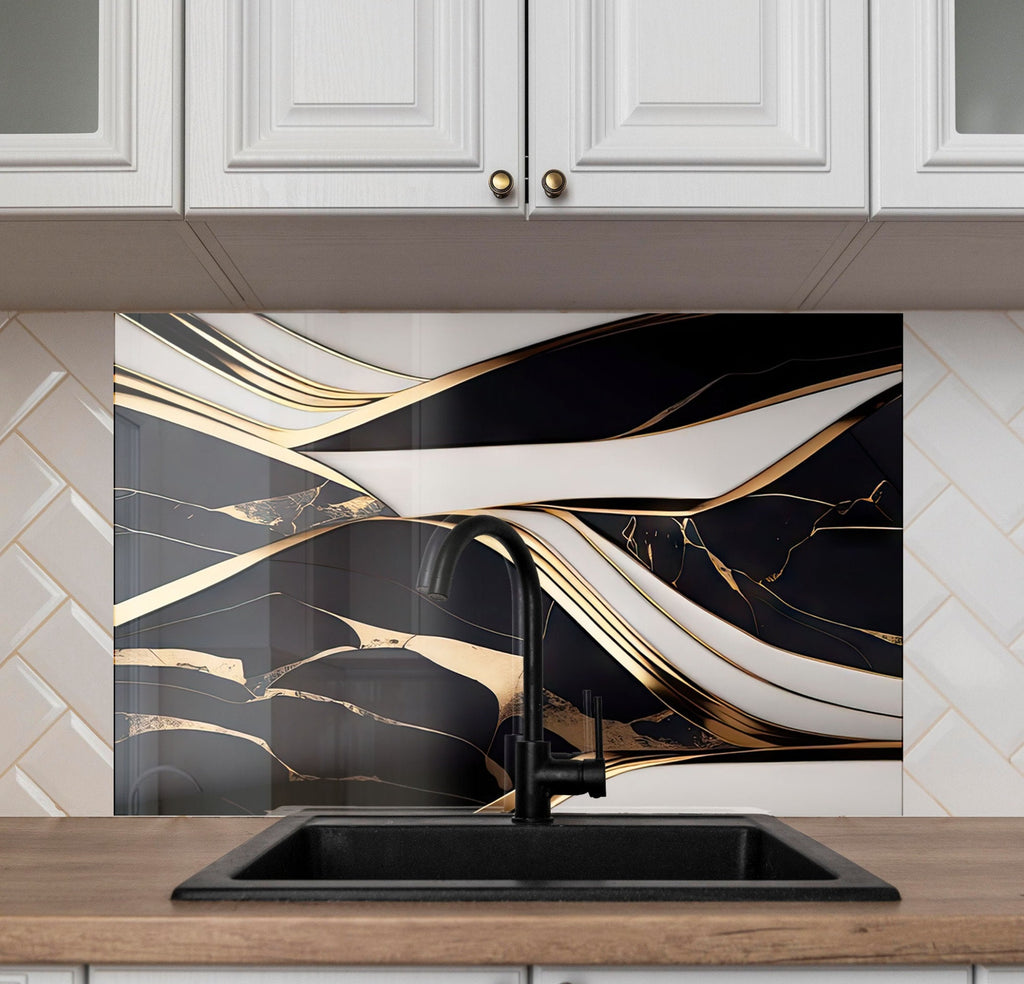 Black & Gold Marble Flow - Glass Kitchen Backsplash-BacksplashArtworks
