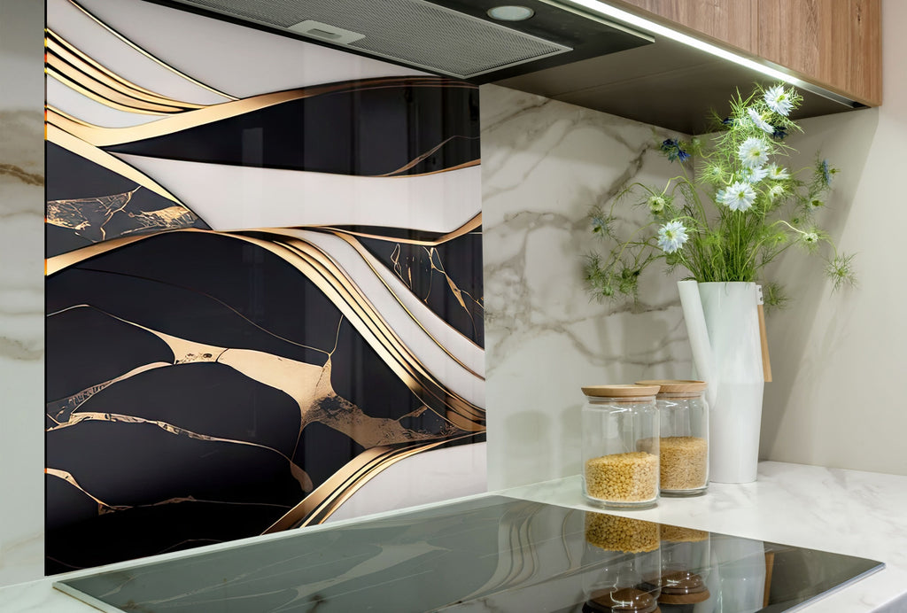 Black & Gold Marble Flow - Glass Kitchen Backsplash-BacksplashArtworks