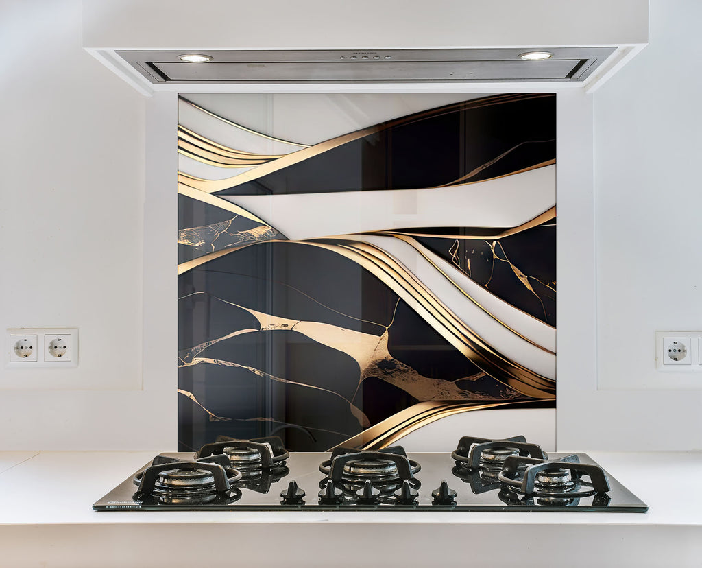 Black & Gold Marble Flow - Glass Kitchen Backsplash-BacksplashArtworks