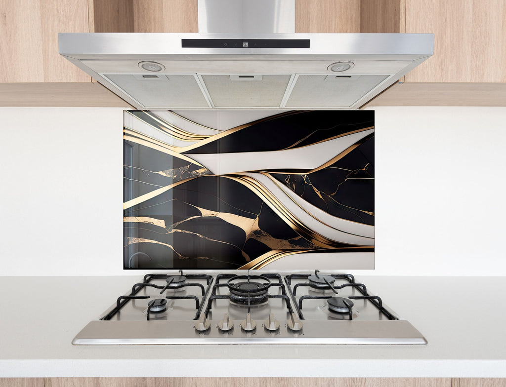 Black & Gold Marble Flow - Glass Kitchen Backsplash-BacksplashArtworks
