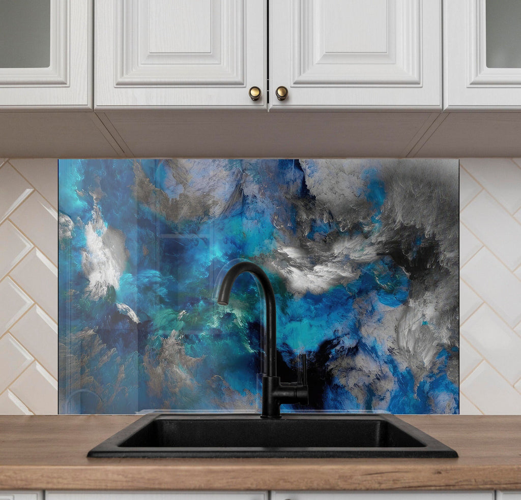 Blue & Black Marble Swirls - Glass Kitchen Backsplash-BacksplashArtworks