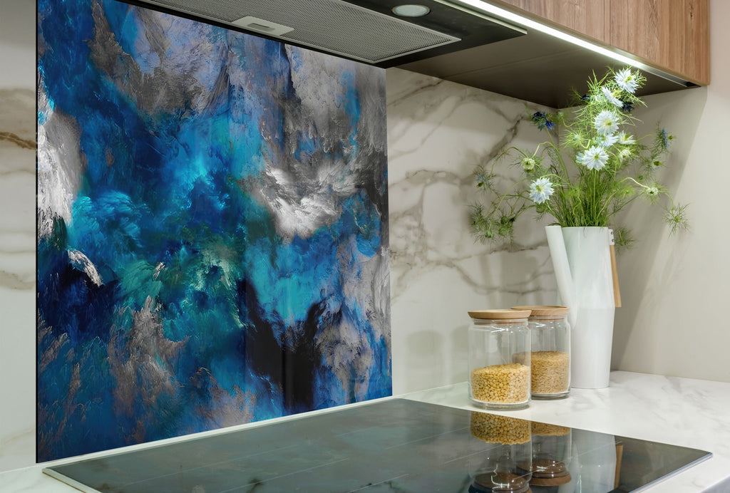 Blue & Black Marble Swirls - Glass Kitchen Backsplash-BacksplashArtworks