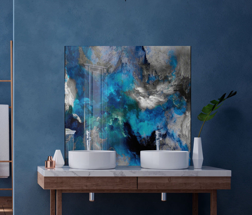 Blue & Black Marble Swirls - Glass Kitchen Backsplash-BacksplashArtworks