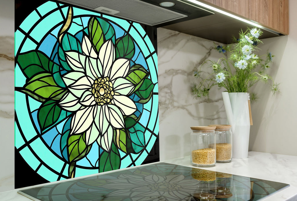 Emerald Bloom Stained - Glass Kitchen Backsplash-BacksplashArtworks