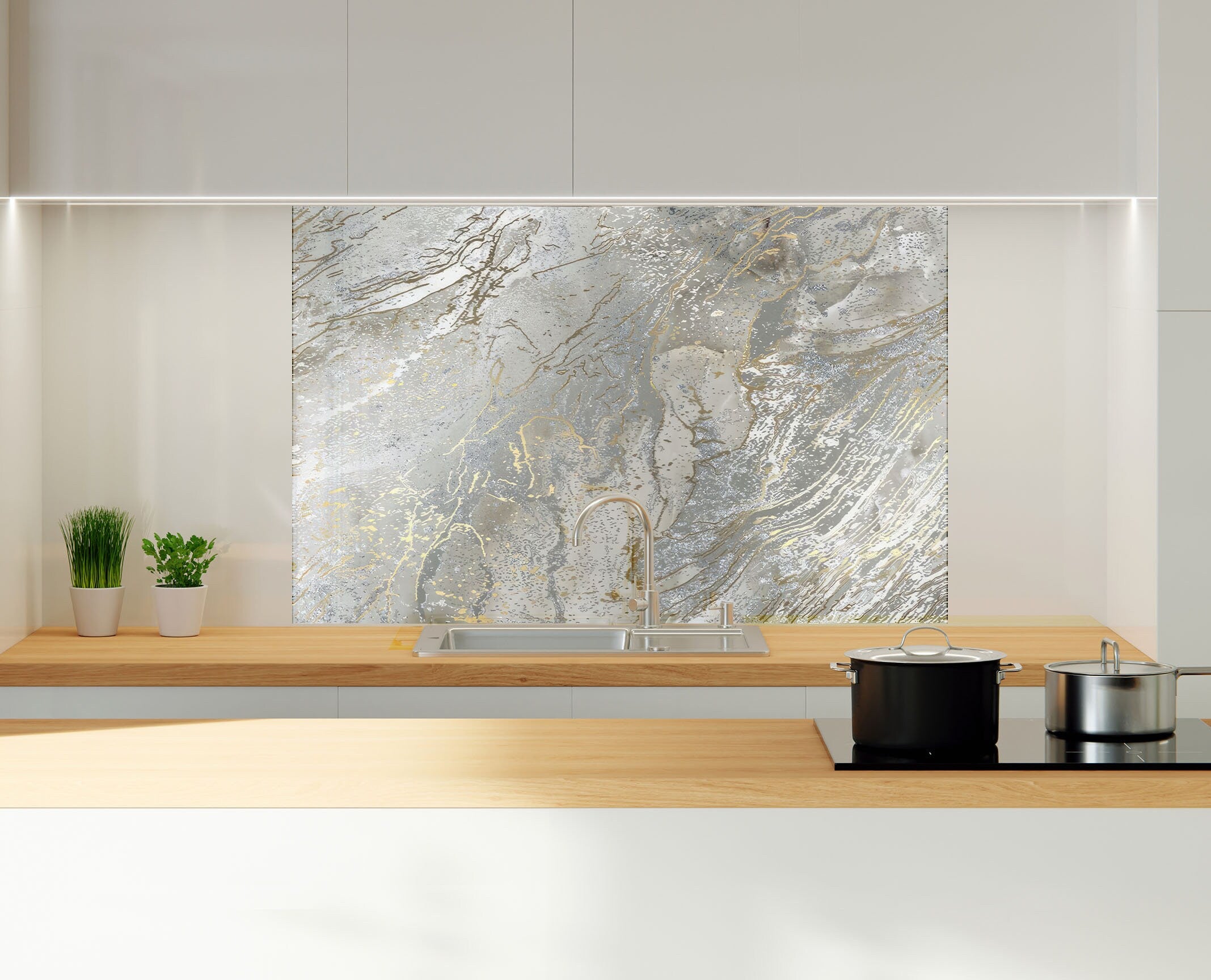 Silver Gold Marble Veins Glass Kitchen | Backsplash Artworks ...