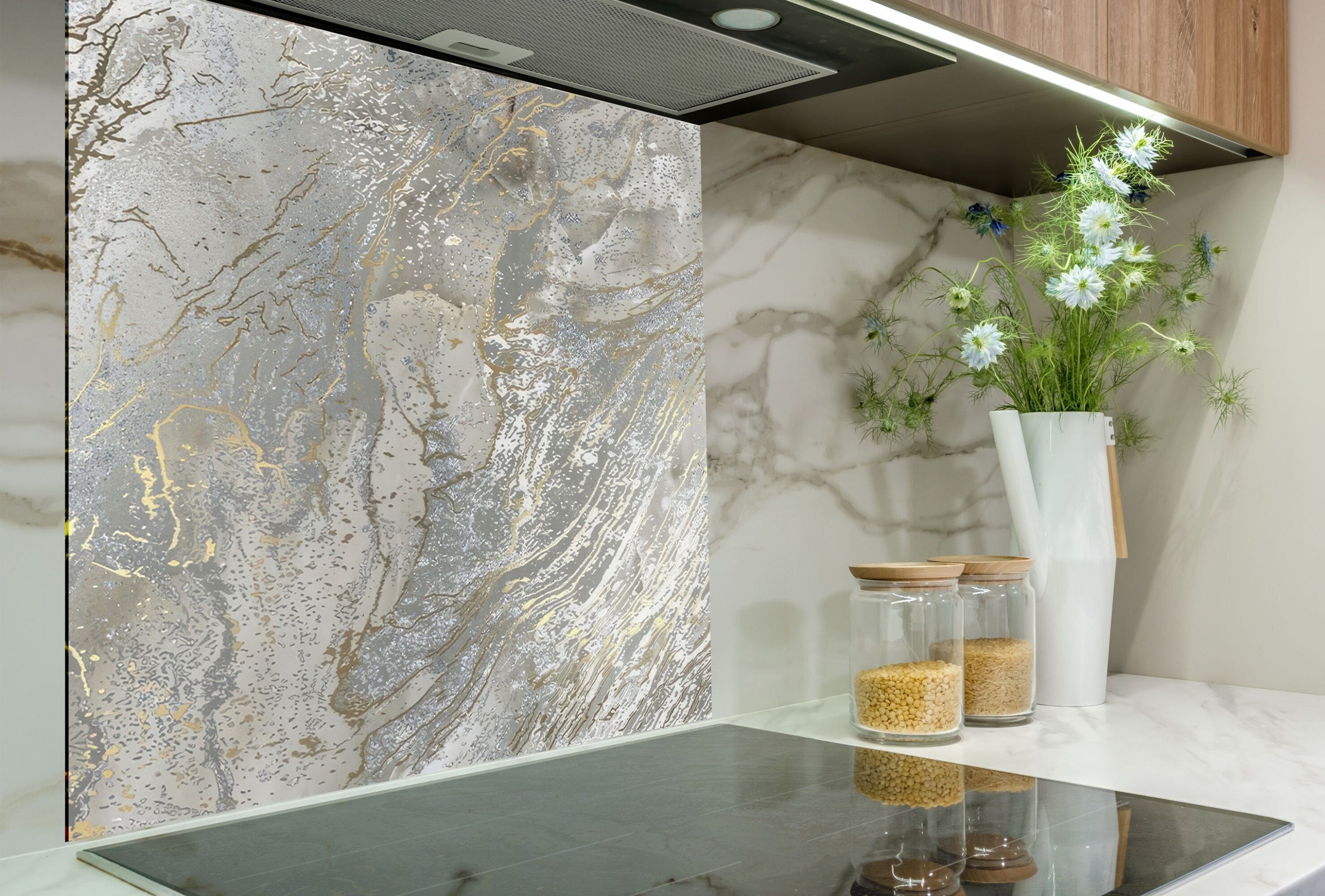 Silver Gold Marble Veins Glass Kitchen | Backsplash Artworks ...