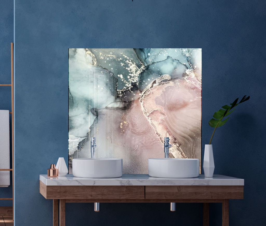 Rose Quartz & Teal Marble - Glass Kitchen Backsplash-BacksplashArtworks