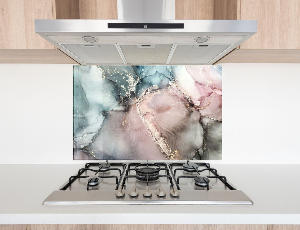 Rose Quartz & Teal Marble - Glass Kitchen Backsplash-BacksplashArtworks