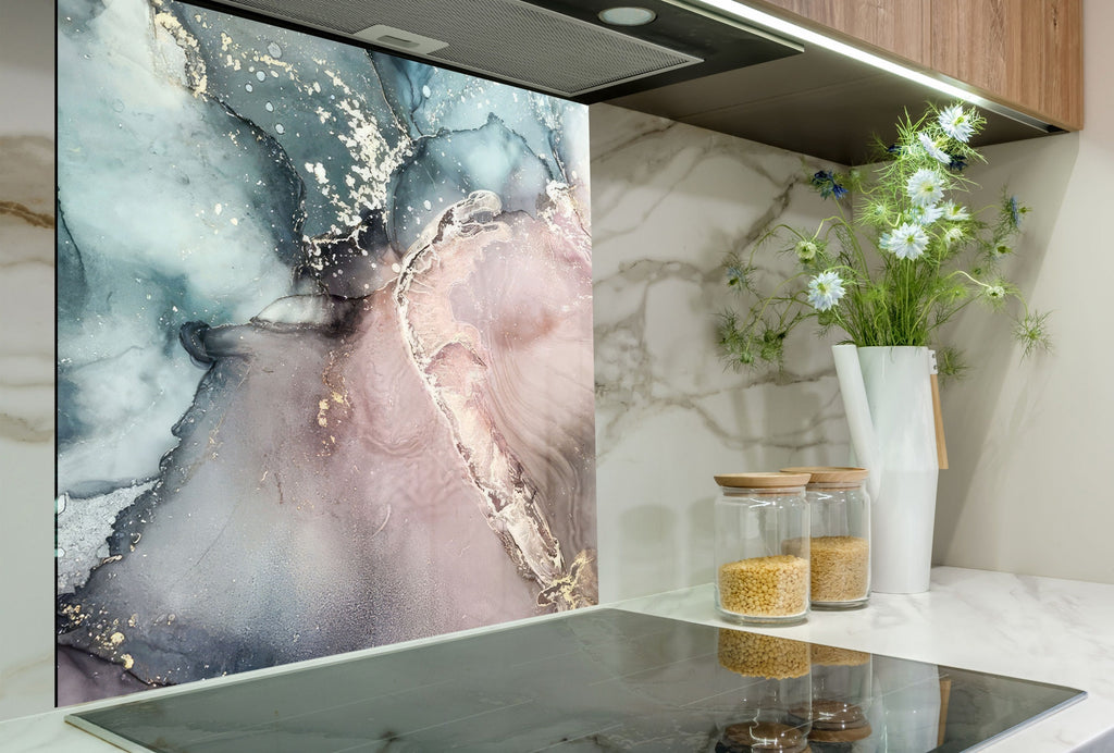 Rose Quartz & Teal Marble - Glass Kitchen Backsplash-BacksplashArtworks