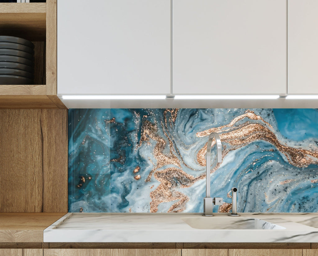 Turquoise & Gold Swirls - Glass Kitchen Backsplash-BacksplashArtworks