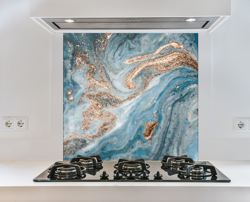 Turquoise & Gold Swirls - Glass Kitchen Backsplash-BacksplashArtworks