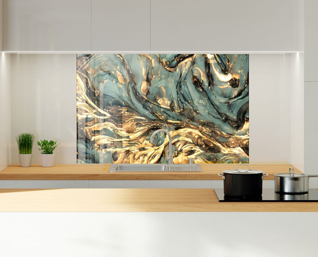 Teal & Gold Marble Swirls - Glass Kitchen Backsplash-BacksplashArtworks