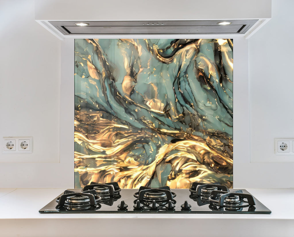 Teal & Gold Marble Swirls - Glass Kitchen Backsplash-BacksplashArtworks