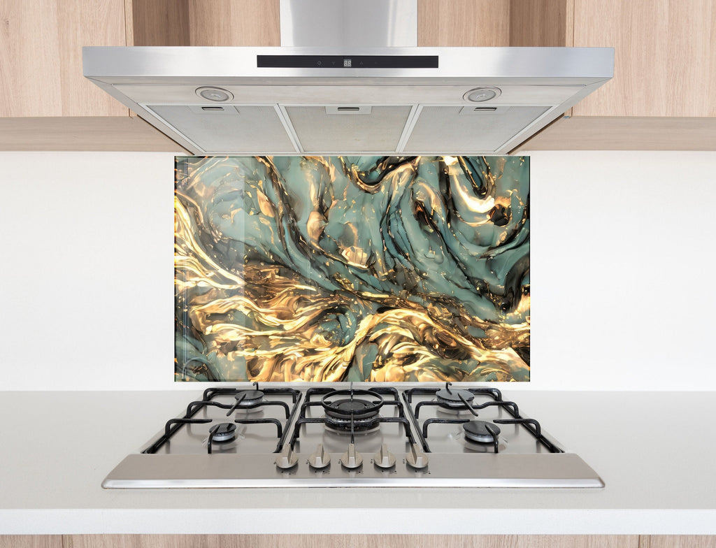 Teal & Gold Marble Swirls - Glass Kitchen Backsplash-BacksplashArtworks