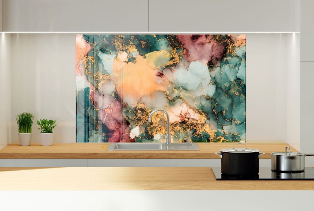 Abstract Gold & Teal Marble - Glass Kitchen Backsplash-BacksplashArtworks