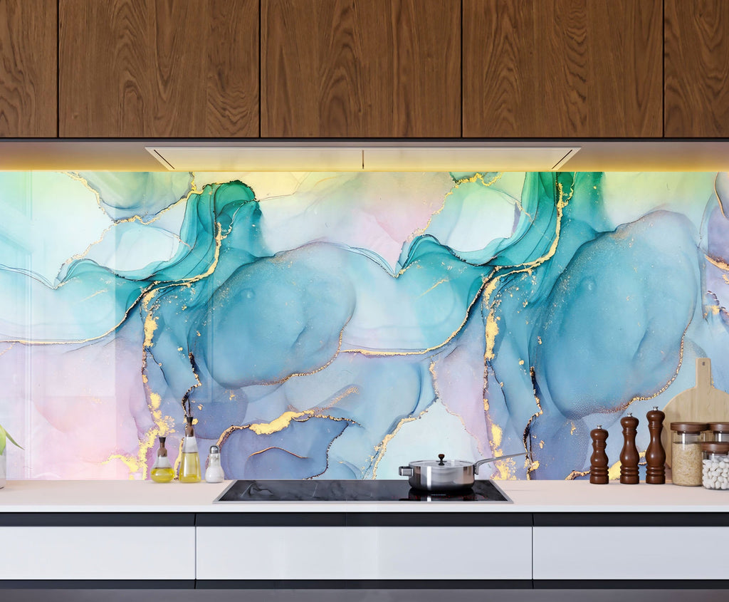 Soft Blue & Pink Marble - Glass Bathroom Backsplash-BacksplashArtworks