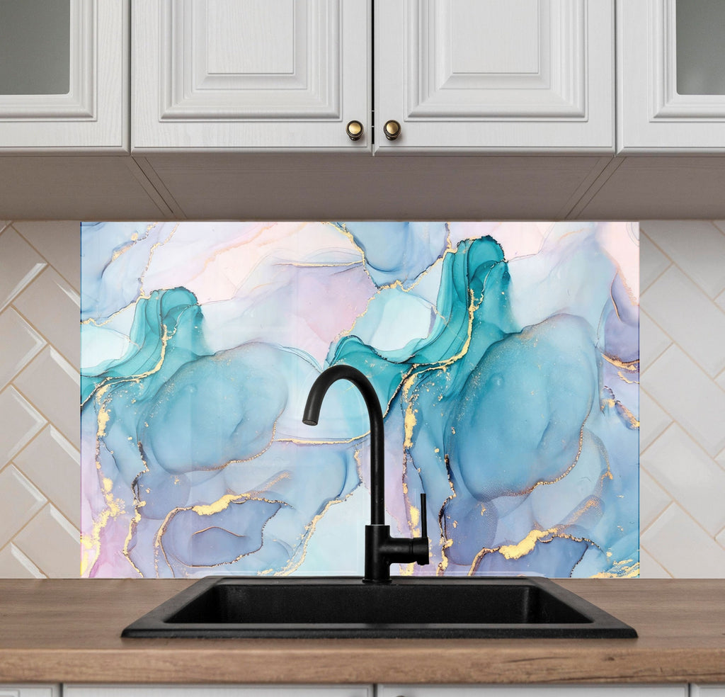 Soft Blue & Pink Marble - Glass Bathroom Backsplash-BacksplashArtworks