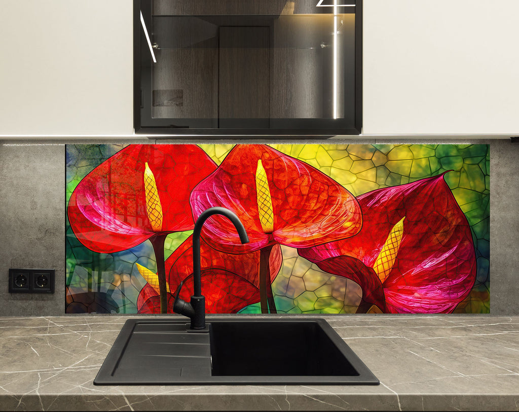 Red Anthurium Stained - Glass Kitchen Backsplash-BacksplashArtworks