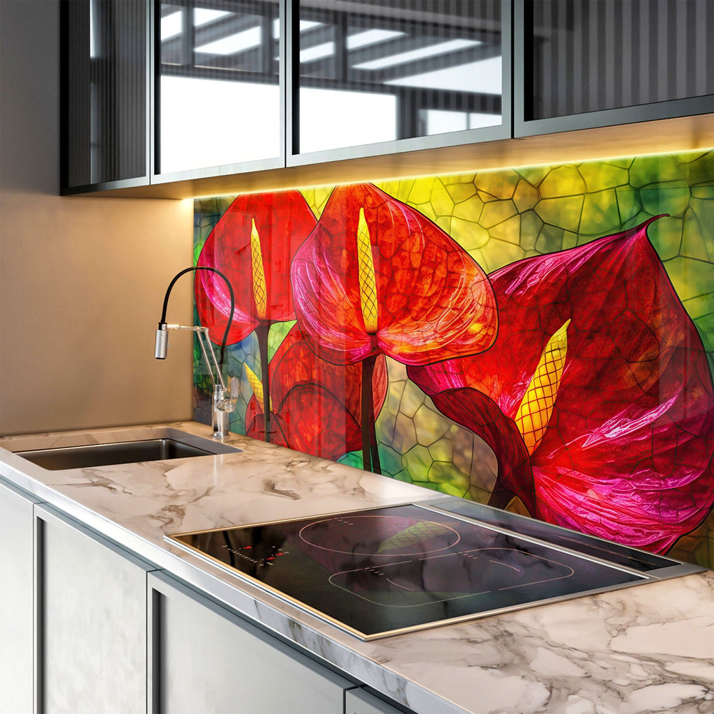Red Anthurium Stained - Glass Kitchen Backsplash-BacksplashArtworks