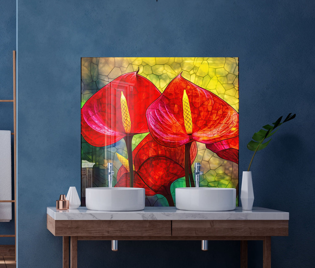 Red Anthurium Stained - Glass Kitchen Backsplash-BacksplashArtworks