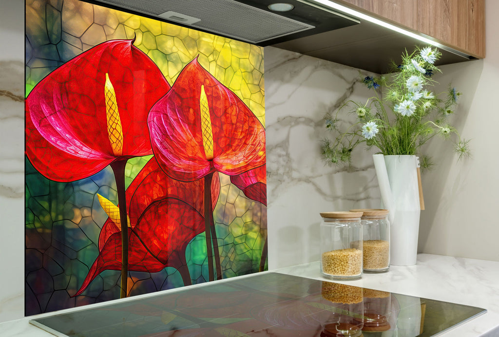 Red Anthurium Stained - Glass Kitchen Backsplash-BacksplashArtworks