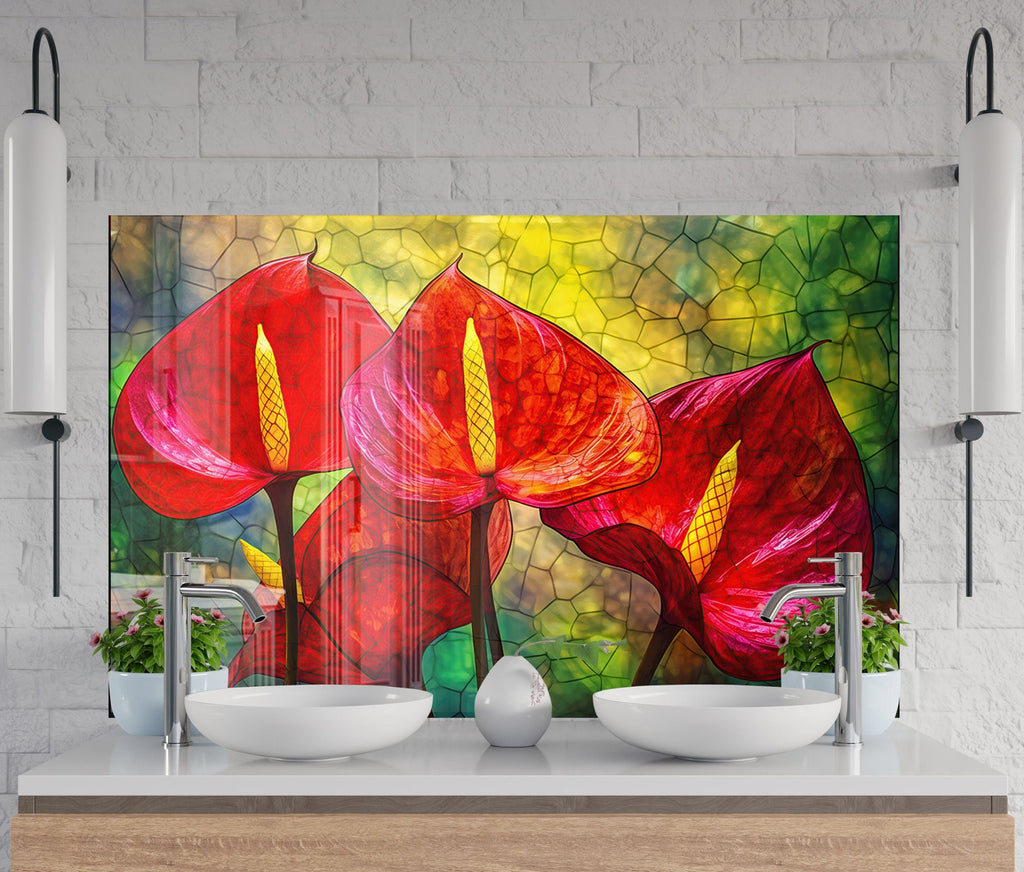 Red Anthurium Stained - Glass Kitchen Backsplash-BacksplashArtworks